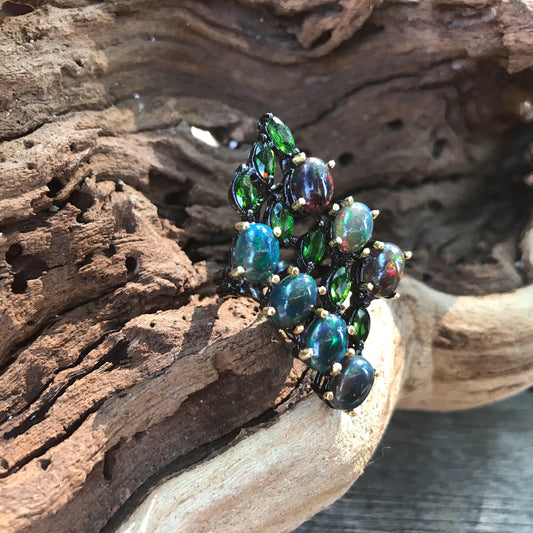 Sterling Silver black Fire Opal statement ring 7