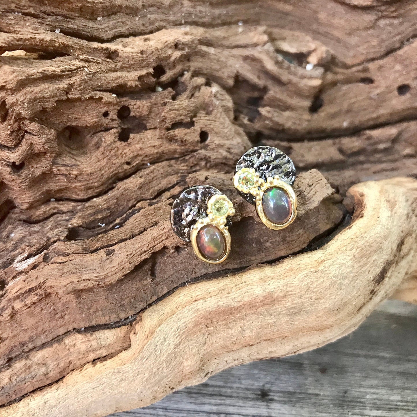 Sterling Silver Natural black fire Opal peridot  stud Earrings