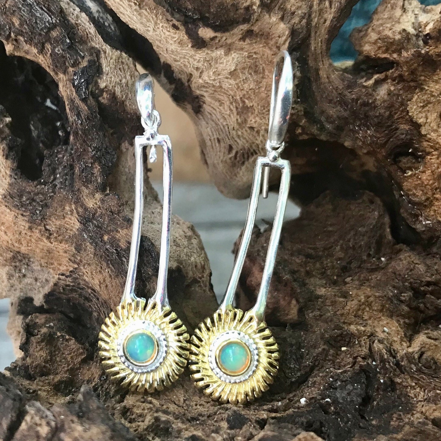 Sterling Silver natural rainbow opal abstract dangle earrings