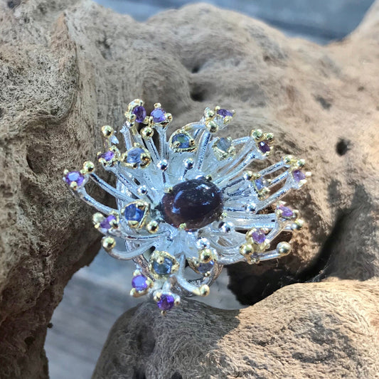 Sterling Silver black Natural Opal Amethyst ring 7