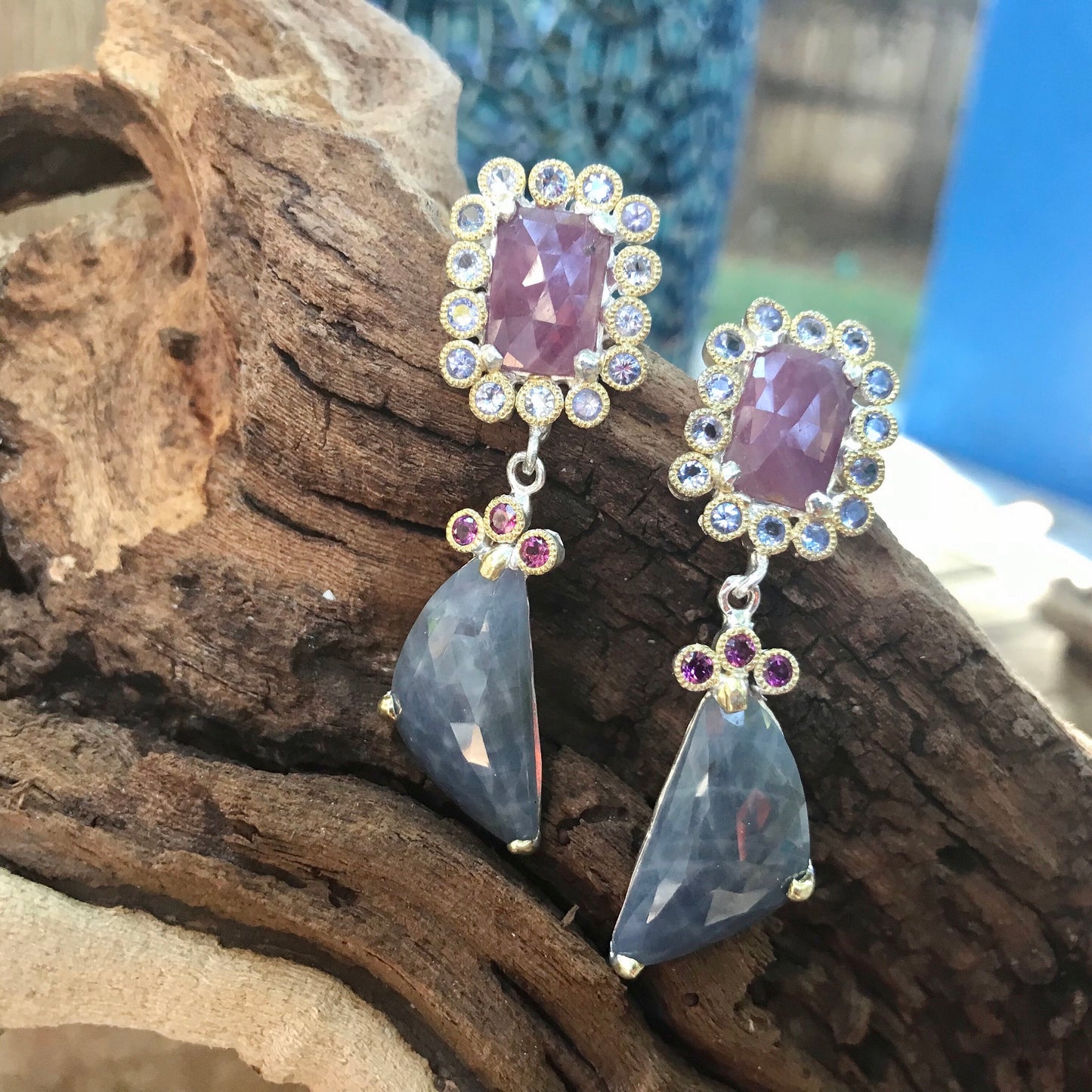 Sterling Silver natural sapphire ruby dangle Earrings