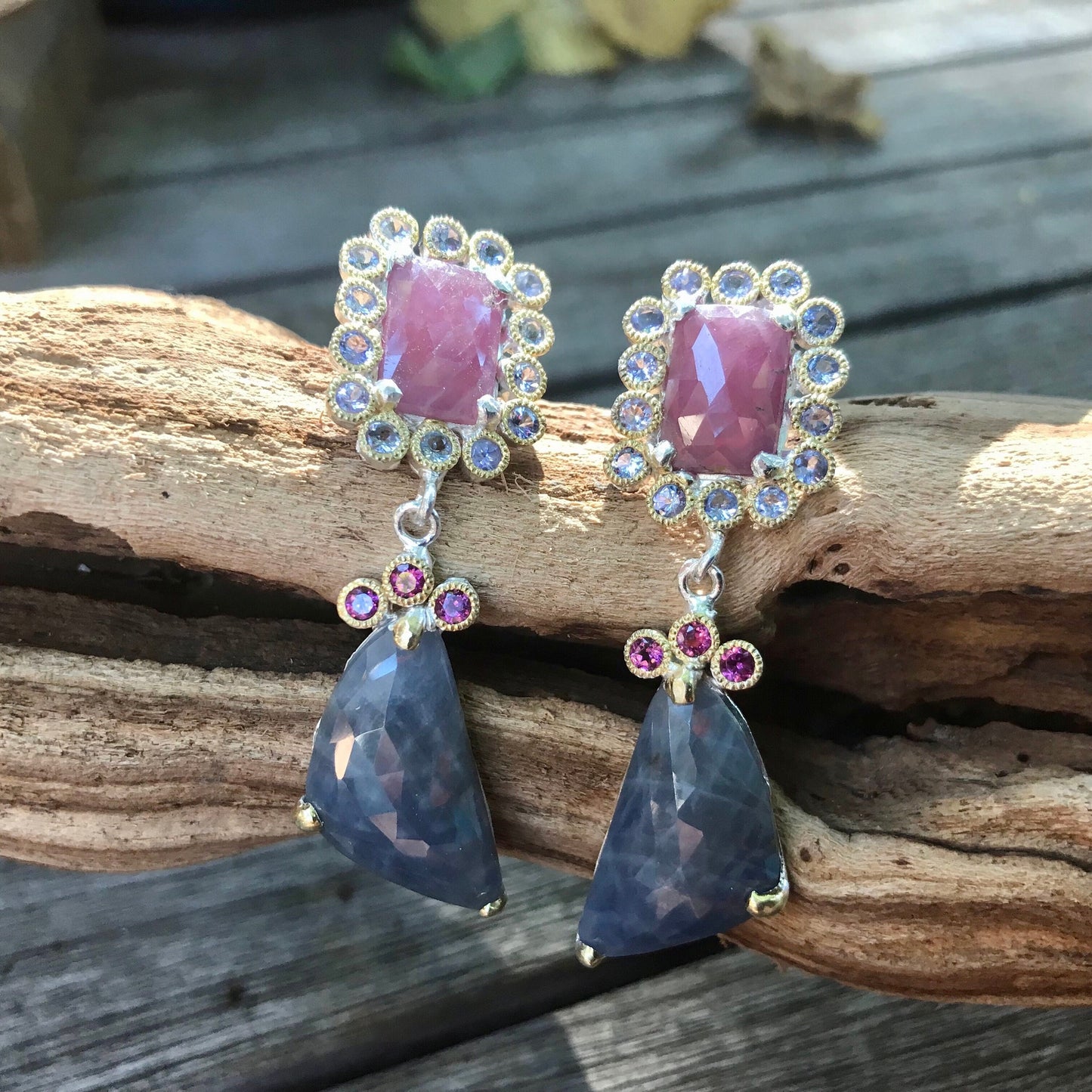 Sterling Silver natural sapphire ruby dangle Earrings