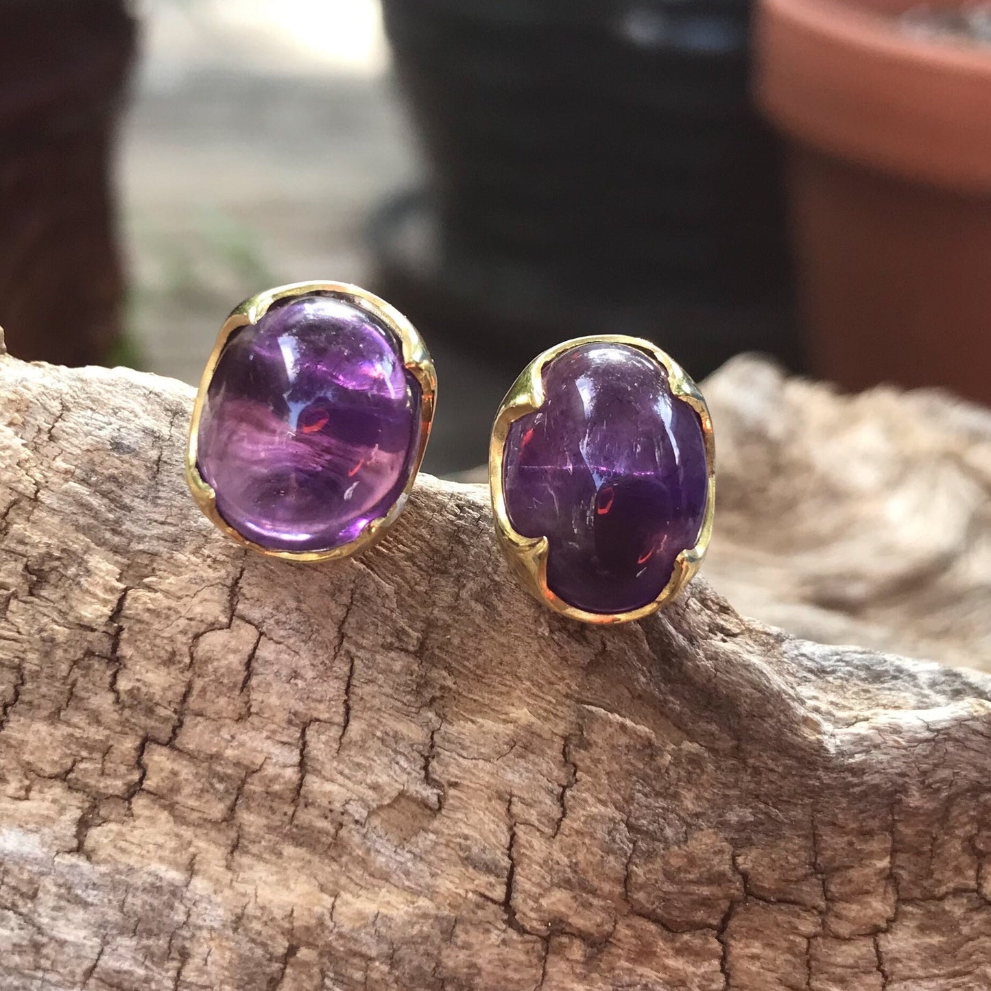 sterling silver Natural Amethyst purple stud  Artisan earrings