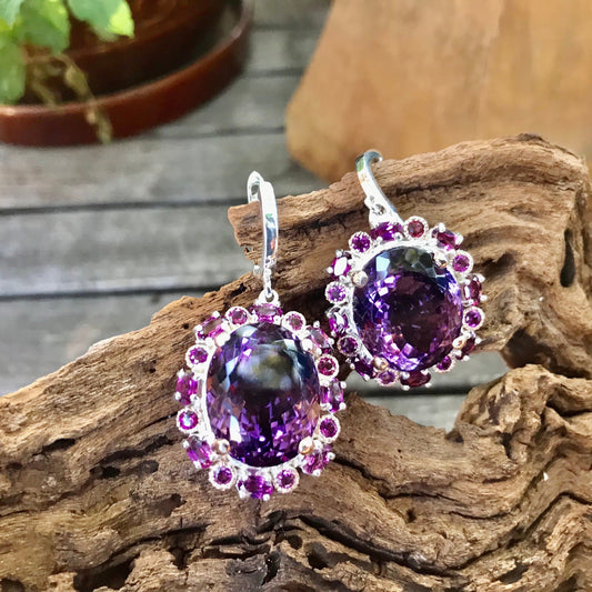 Sterling silver amethyst Rhodolite garnet statement Earrings