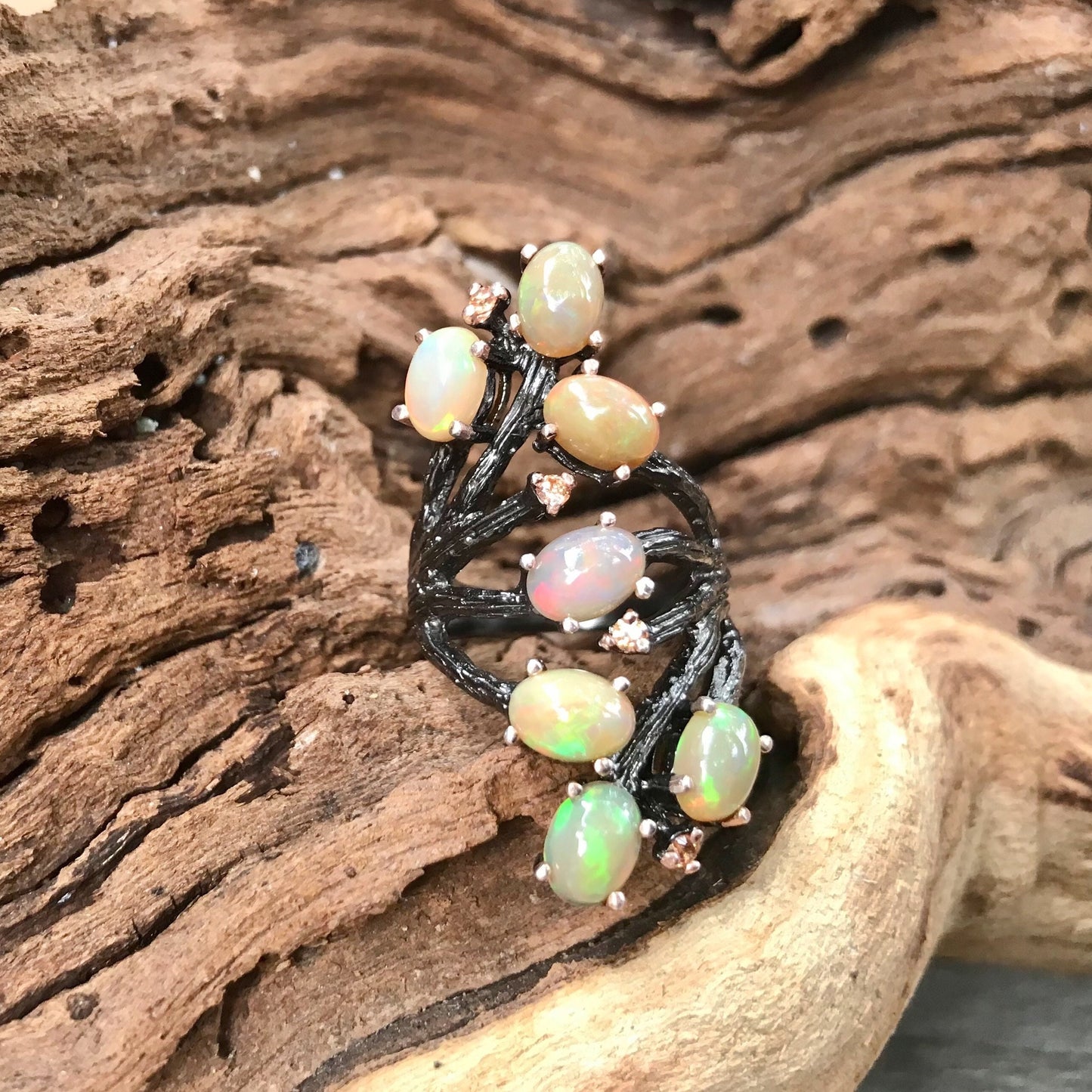 Sterling Silver Rainbow Opal abstract brutalist ring 7