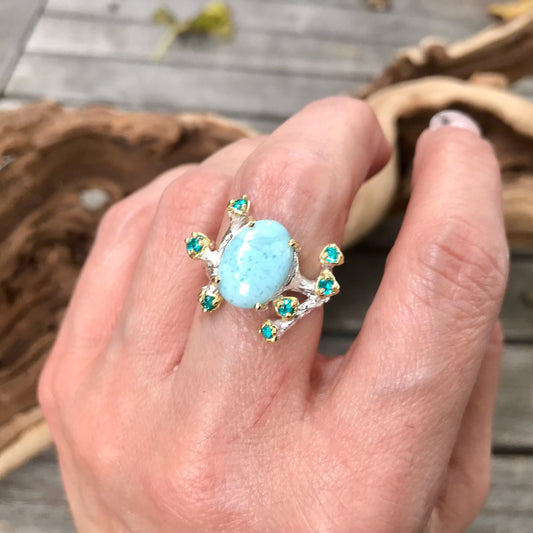 Sterling Silver Handmade Natural Larimar Organic ring 6.5