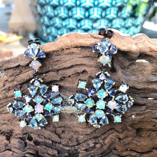 sterling silver Rainbow cluster opals tanzanite topaz earrings