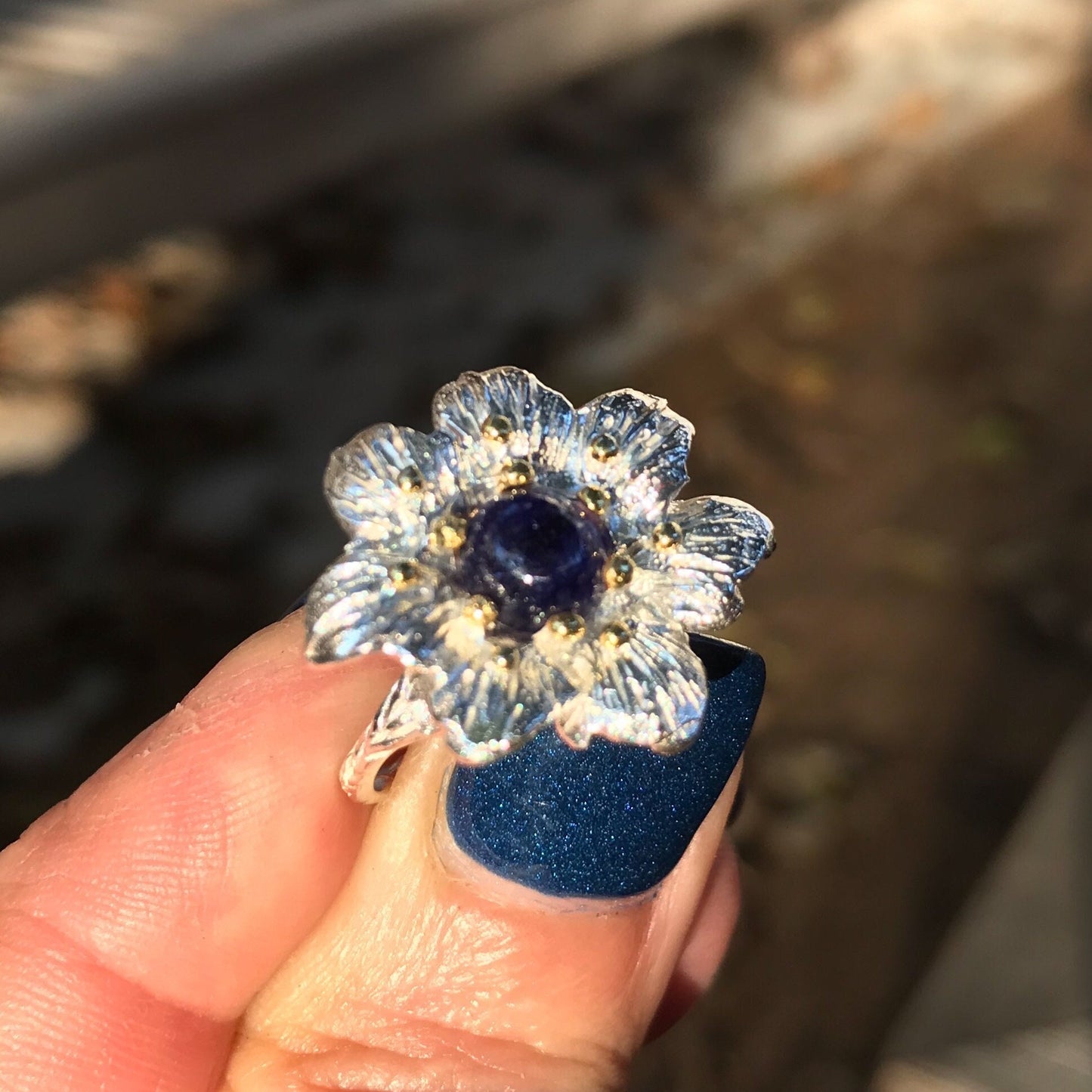 Sterling  Silver Natural Sapphire flower  Ring 7