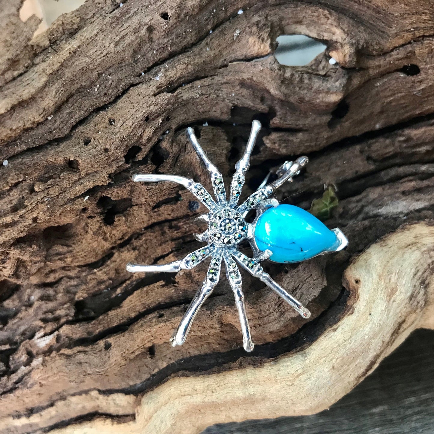 Sterling silver turquoise marcasite brooch pin spider