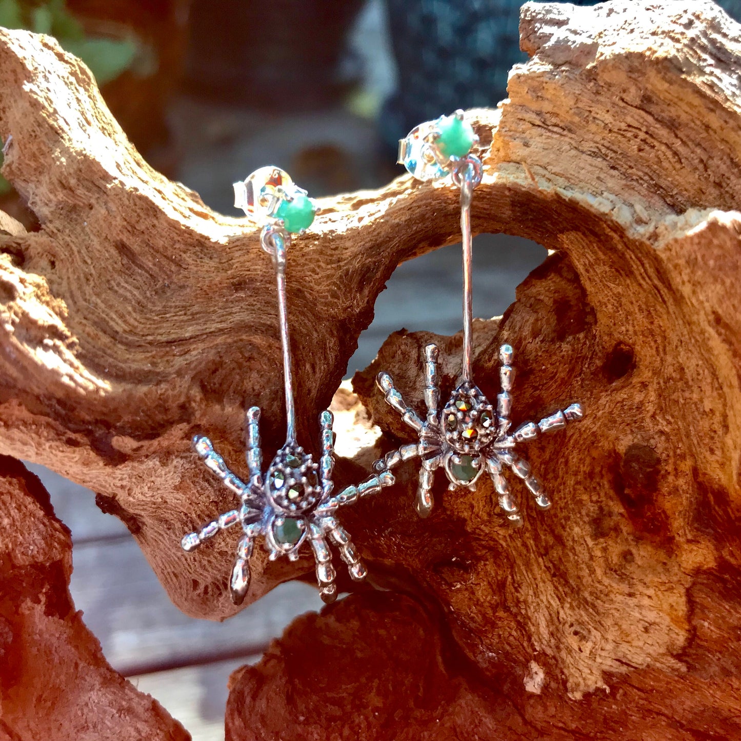 Sterling Silver Spider Marcasite  emerald stud dangle  earrings