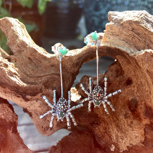 Sterling Silver Spider Marcasite  emerald stud dangle  earrings