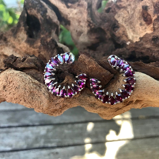 Handmade Sterling Silver Rhodolite Garnet Hoop C earrings