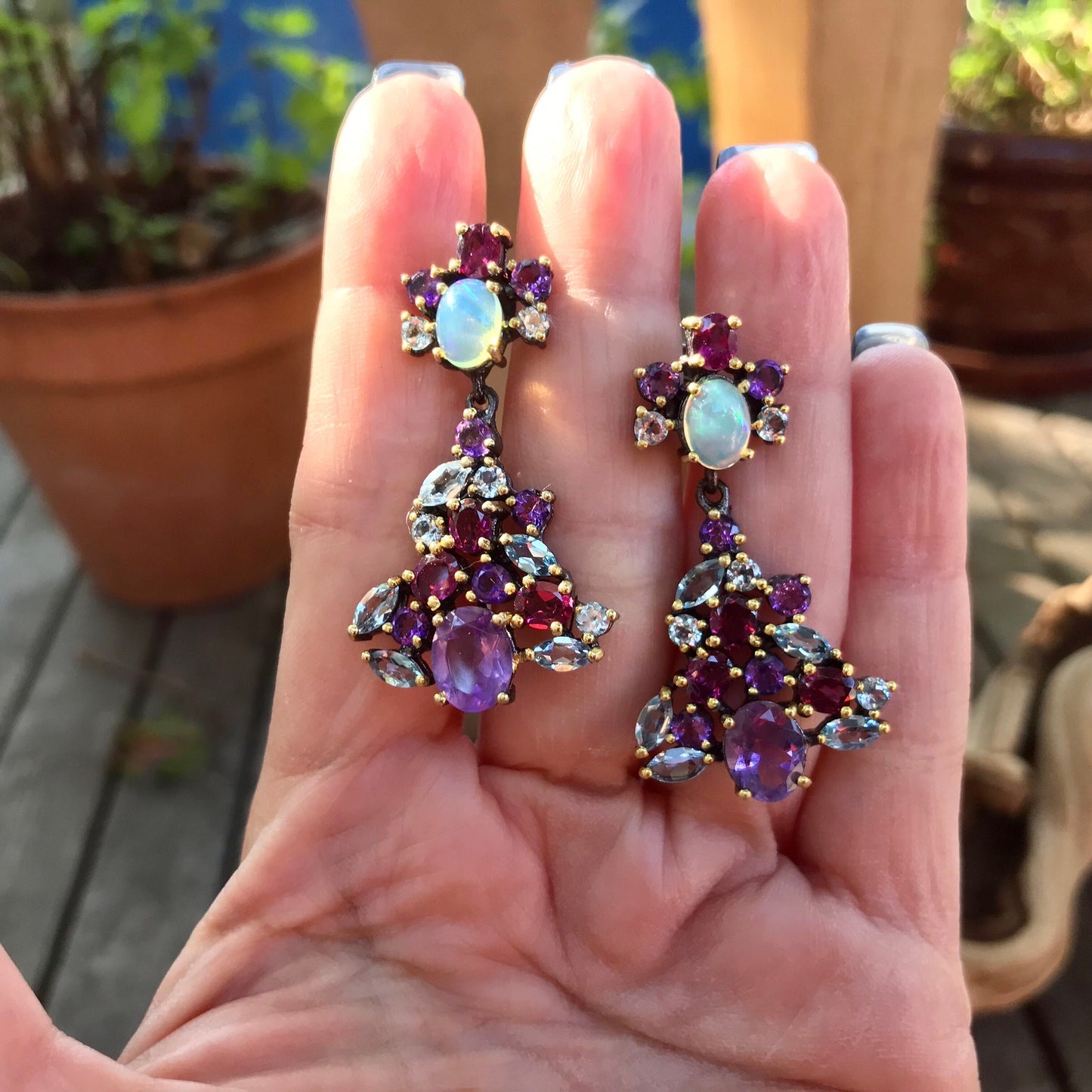 Sterling Silver Rainbow Natural Opal topaz amethyst  long earrings