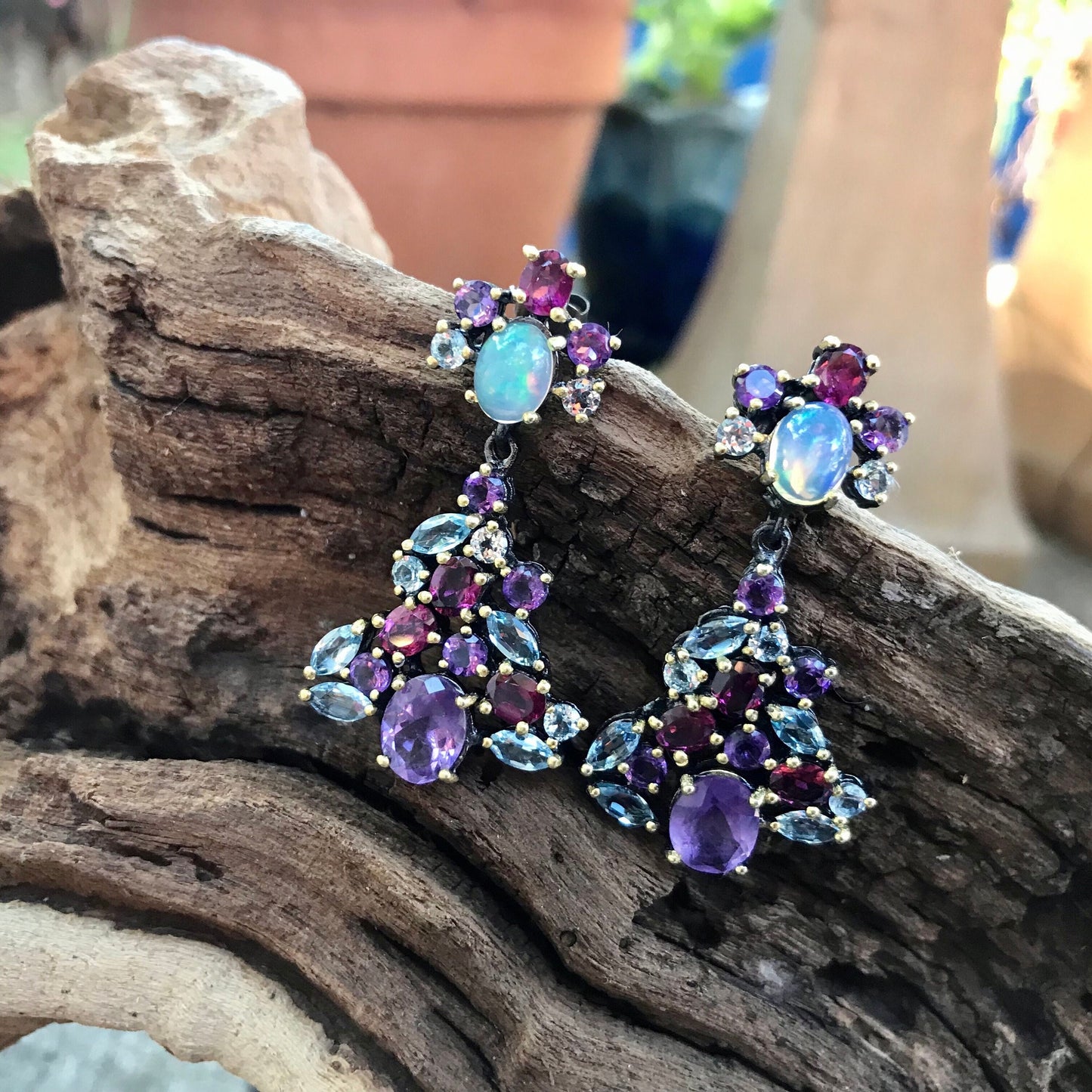 Sterling Silver Rainbow Natural Opal topaz amethyst  long earrings