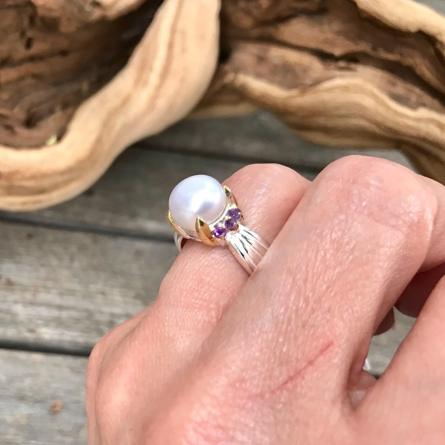 Sterling Silver Amethyst pearl  Ring 6.5