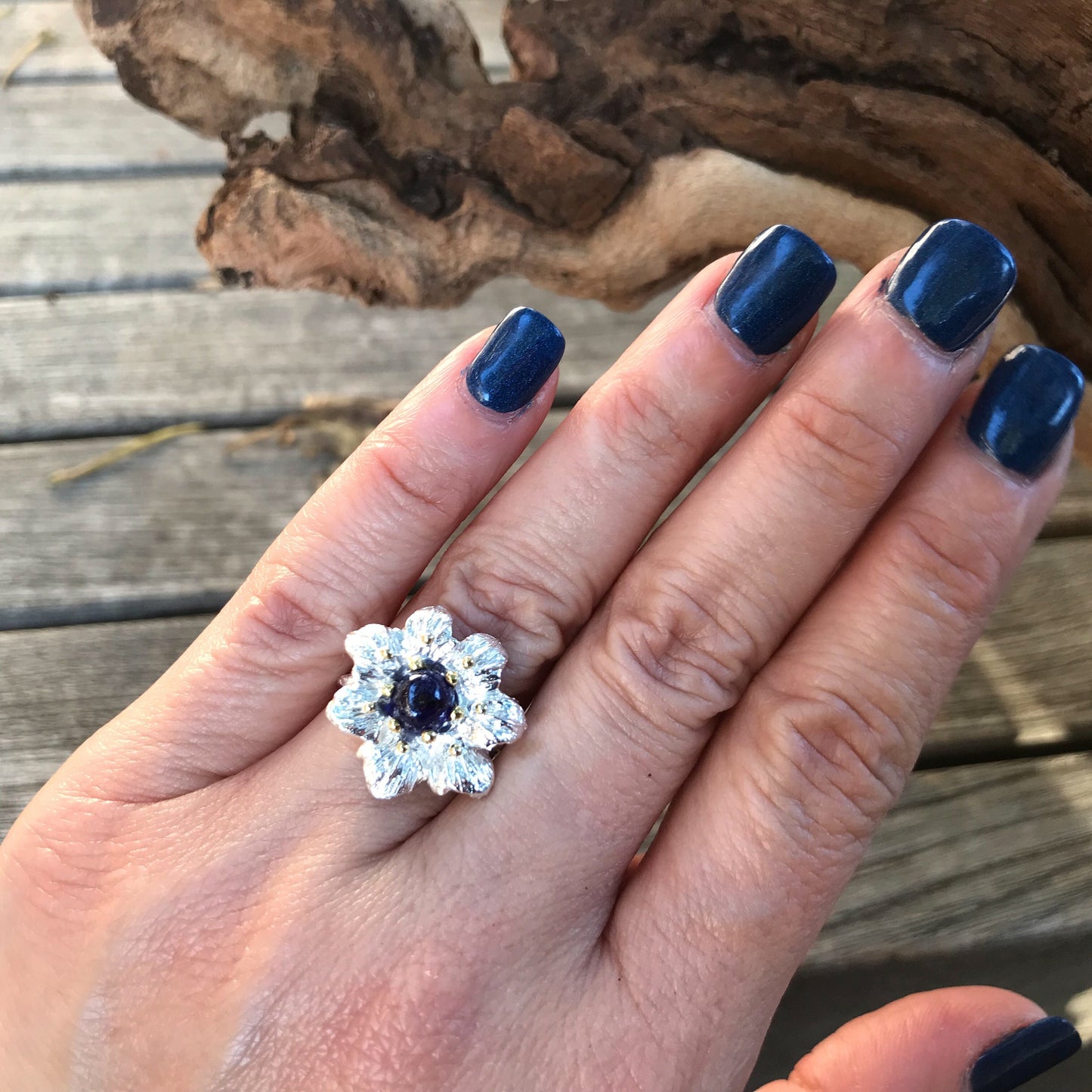 Sterling  Silver Natural Sapphire flower  Ring 7