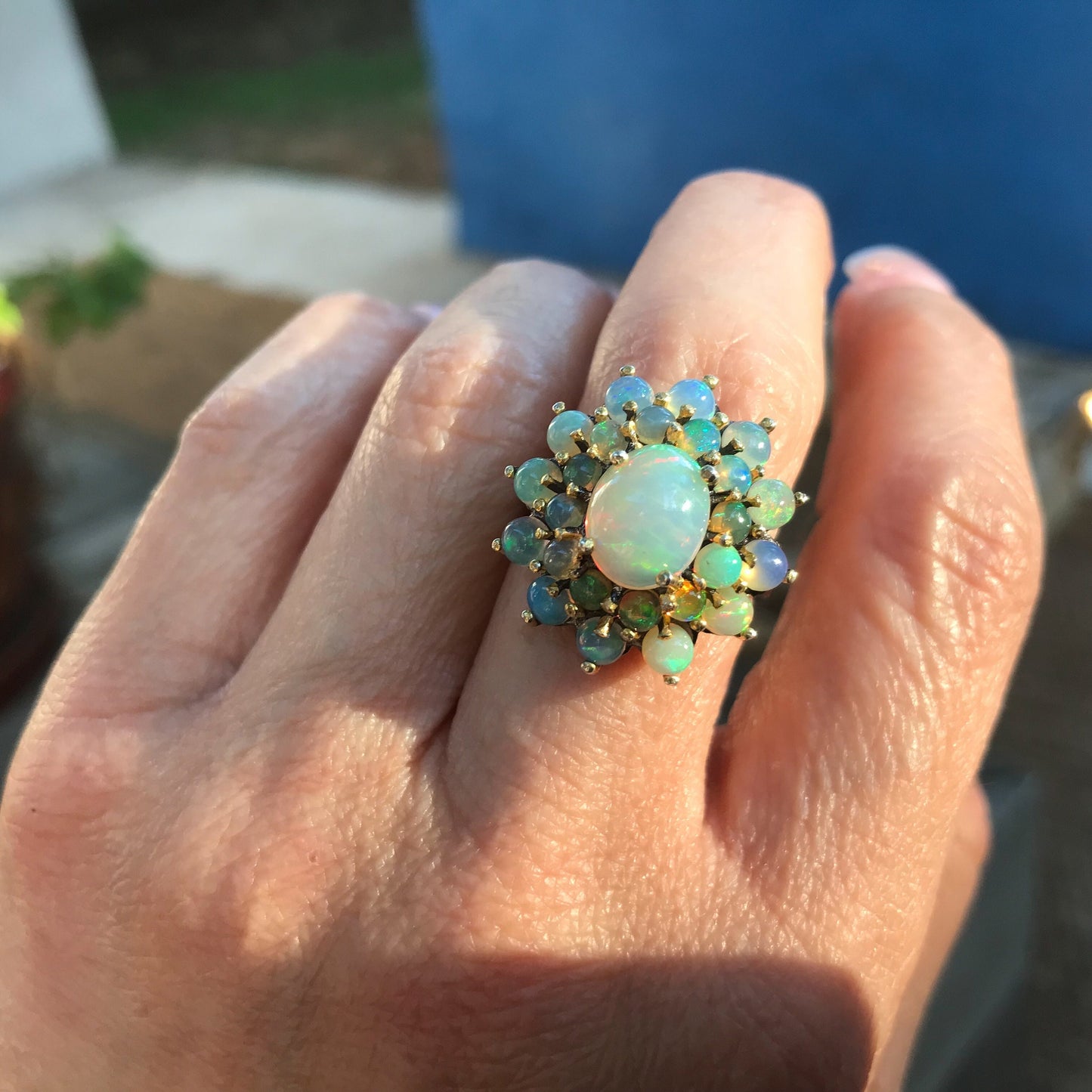 Sterling Silver Orange Rainbow Natural cluster Opal Ring 8