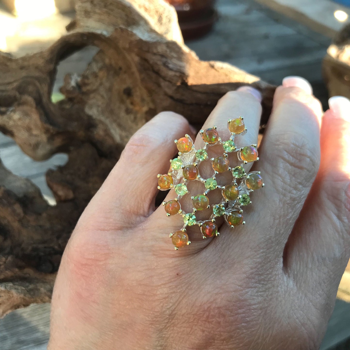 sterling silver Natural Orange opal Peridot ring 5.5