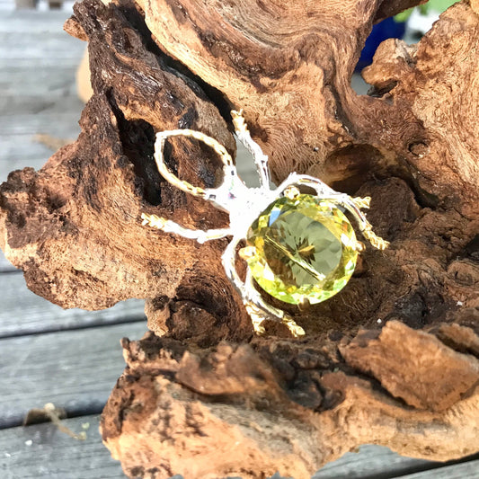 Sterling silver lemon quartz handmade Beetle  brooch pin