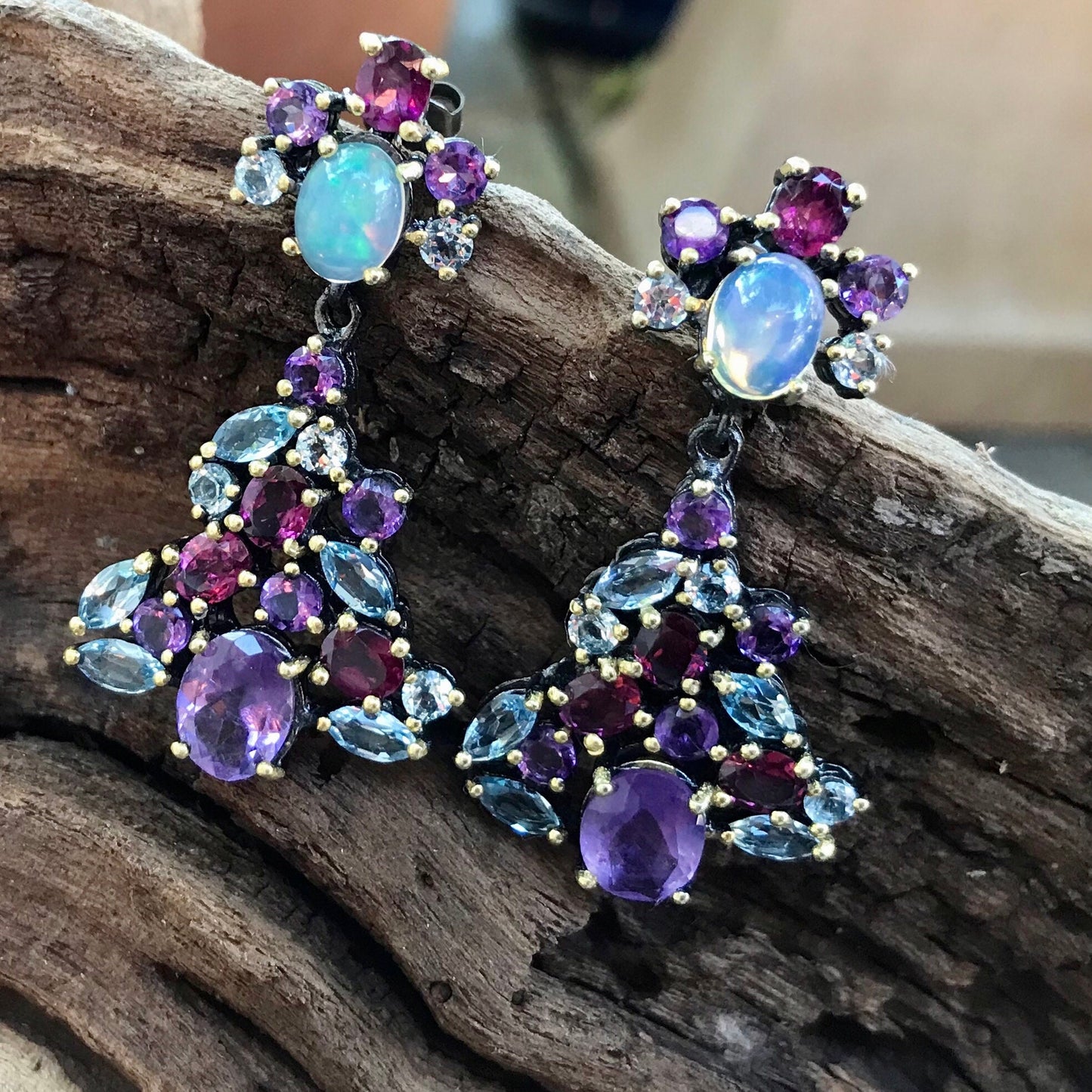 Sterling Silver Rainbow Natural Opal topaz amethyst  long earrings