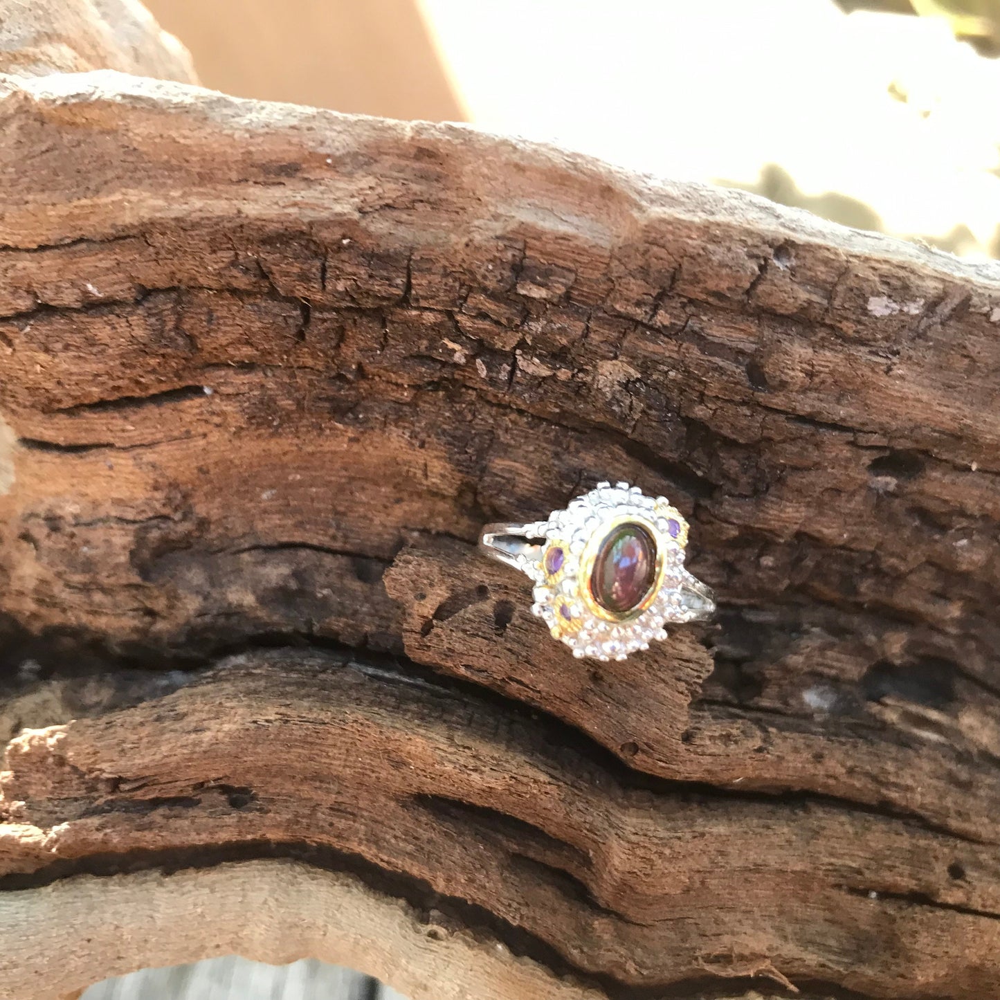 Sterling Silver black Fire Opal Amethyst ring 7