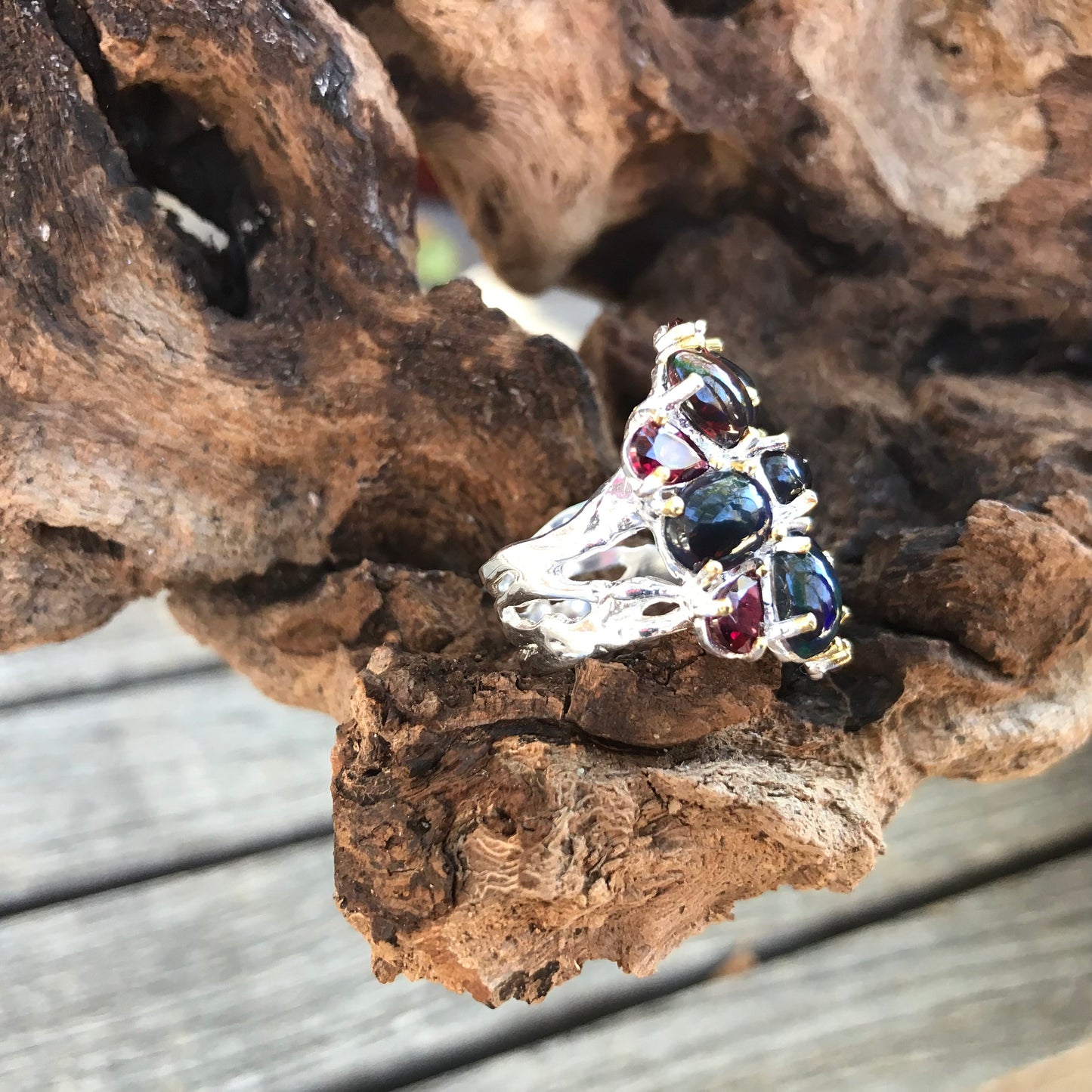 sterling silver Natural black opal rhodolite cluster statement ring 6