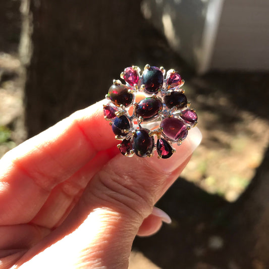 sterling silver Natural black opal rhodolite cluster statement ring 6
