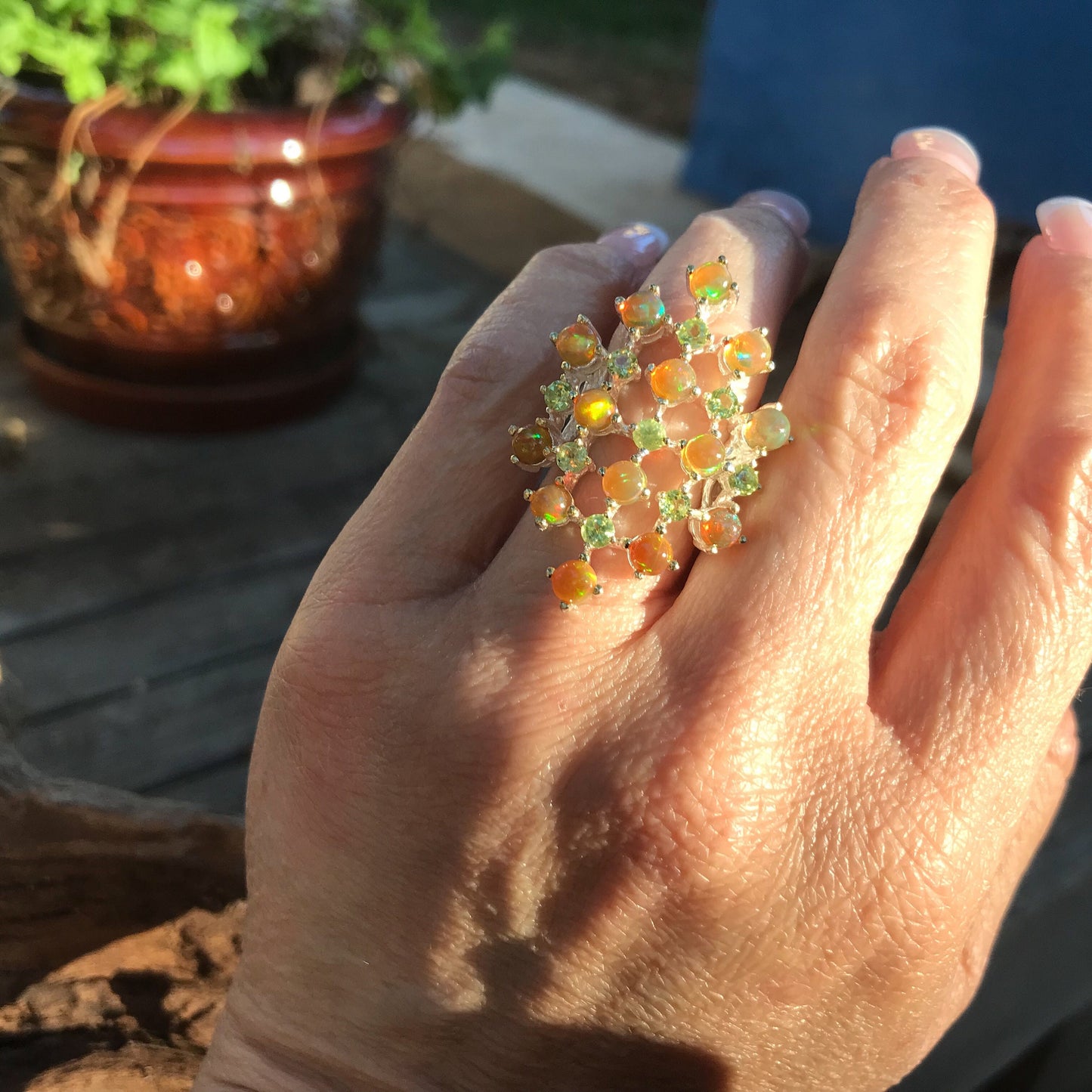 sterling silver Natural Orange opal Peridot ring 5.5