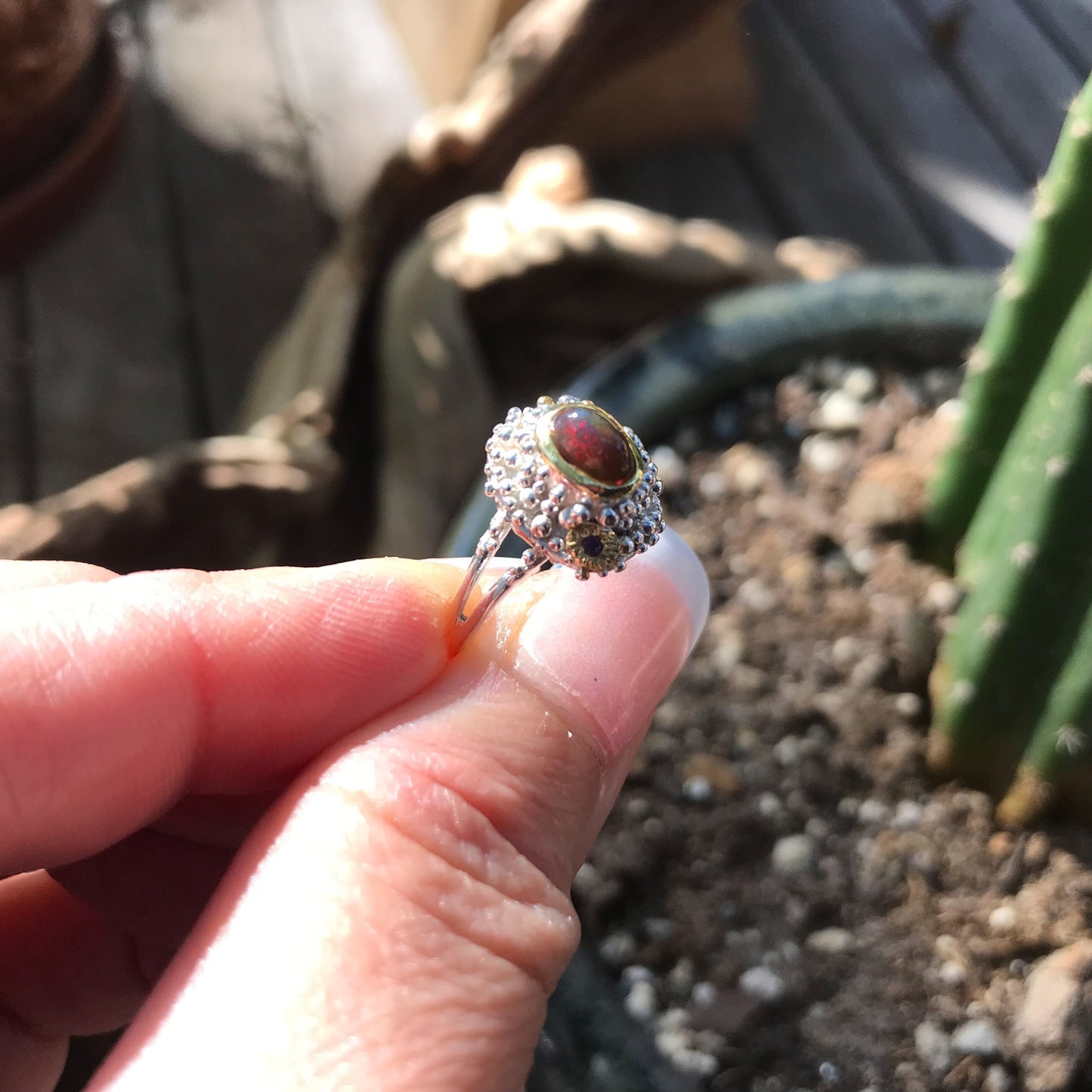 Sterling Silver black Fire Opal Amethyst ring 7