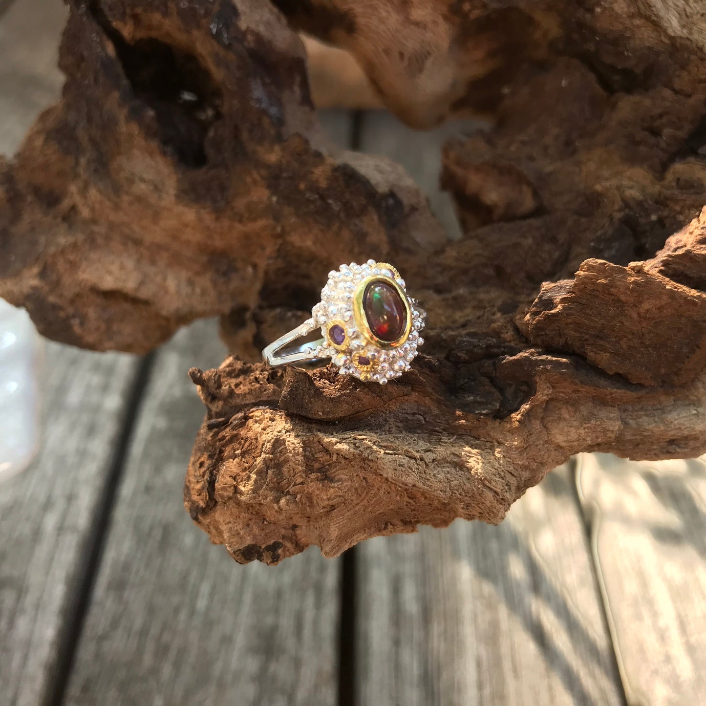 Sterling Silver black Fire Opal Amethyst ring 7