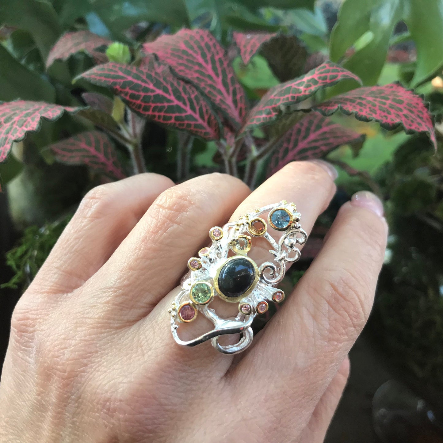 Sterling Silver Natural Black fire opal  tourmaline Ring 6