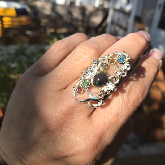 Sterling Silver Natural Black fire opal  tourmaline Ring 6