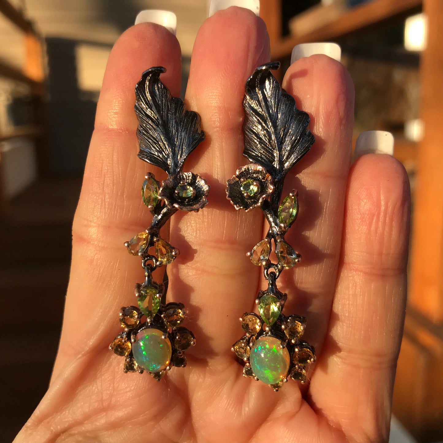 Sterling Silver rainbow opal citrine Peridot fancy  earrings