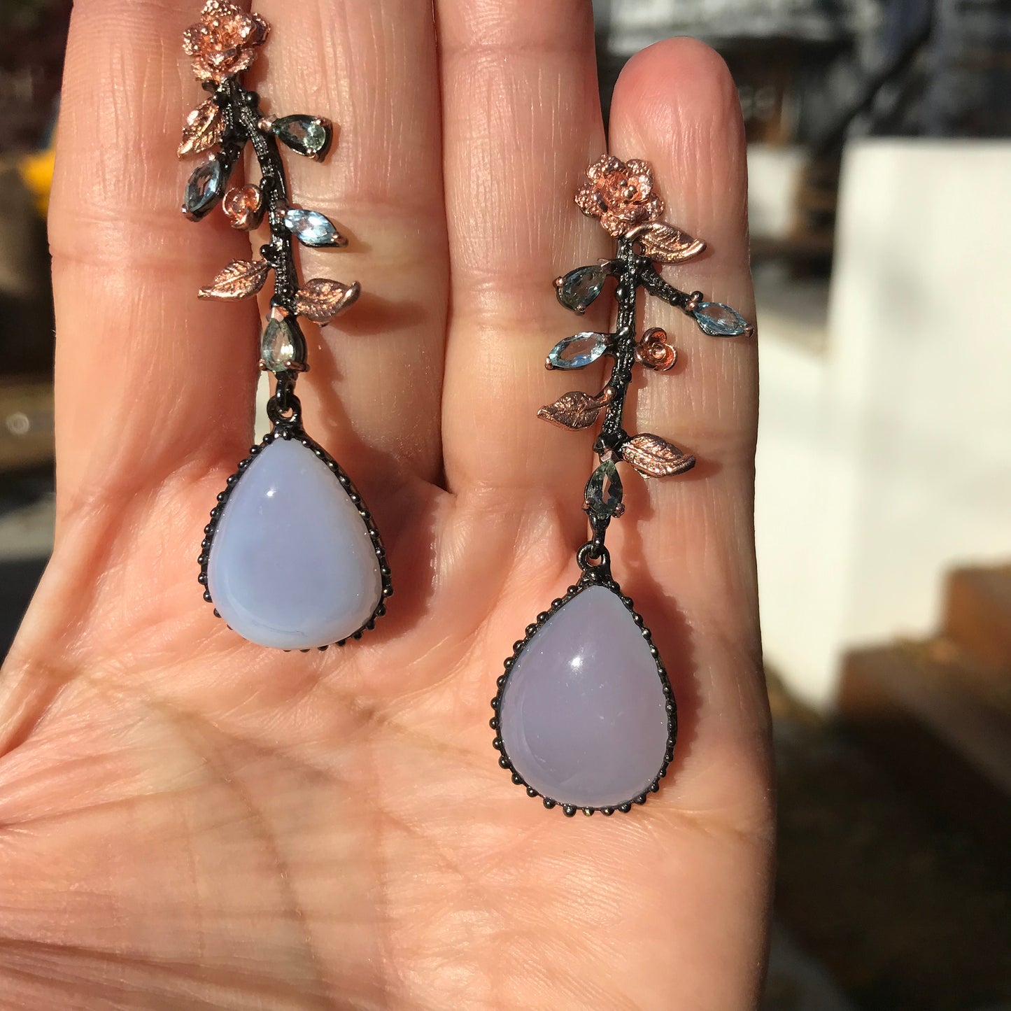 sterling silver blue  chalcedony topaz vintage  dangle Earrings