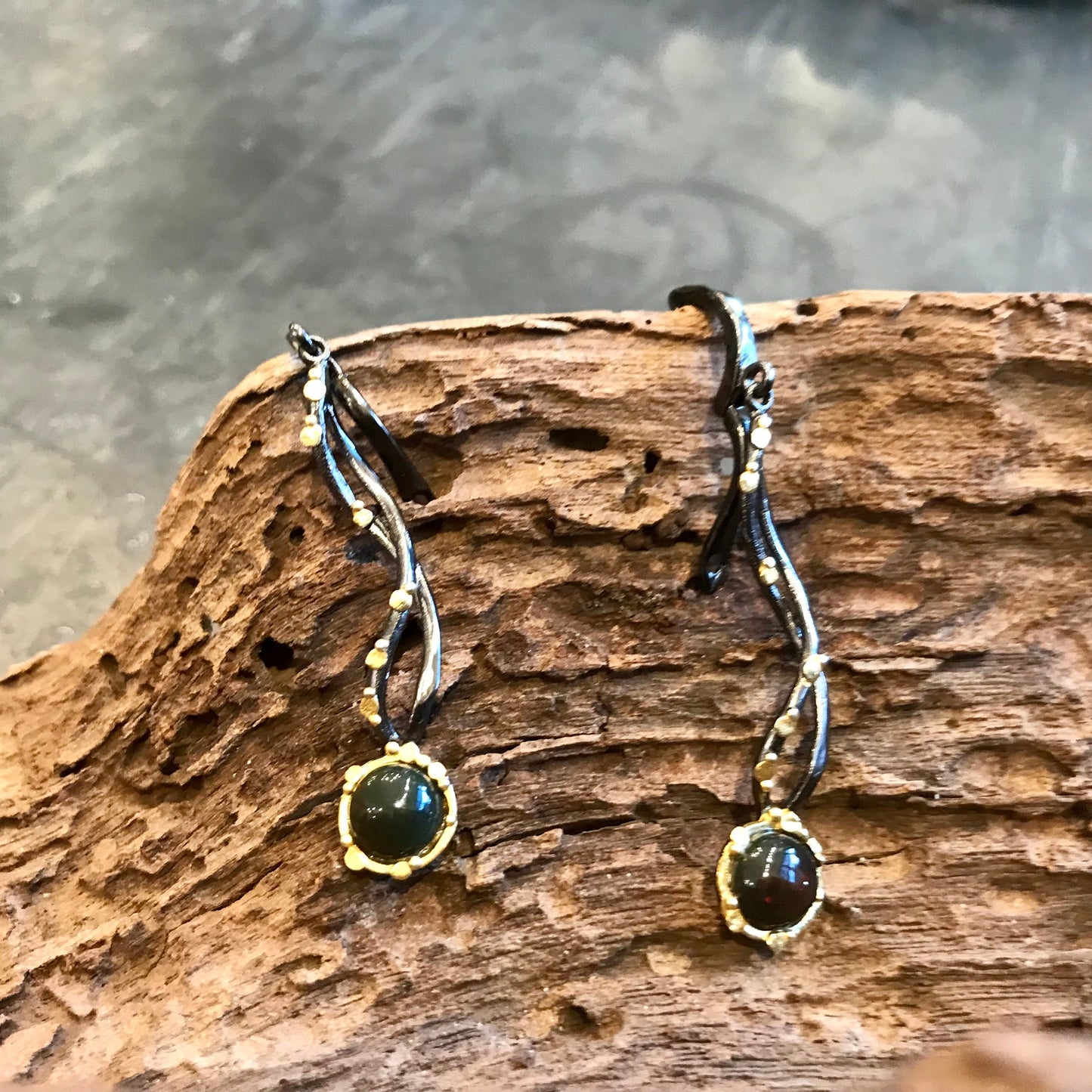 Sterling Silver black opal  modernist dangle earrings