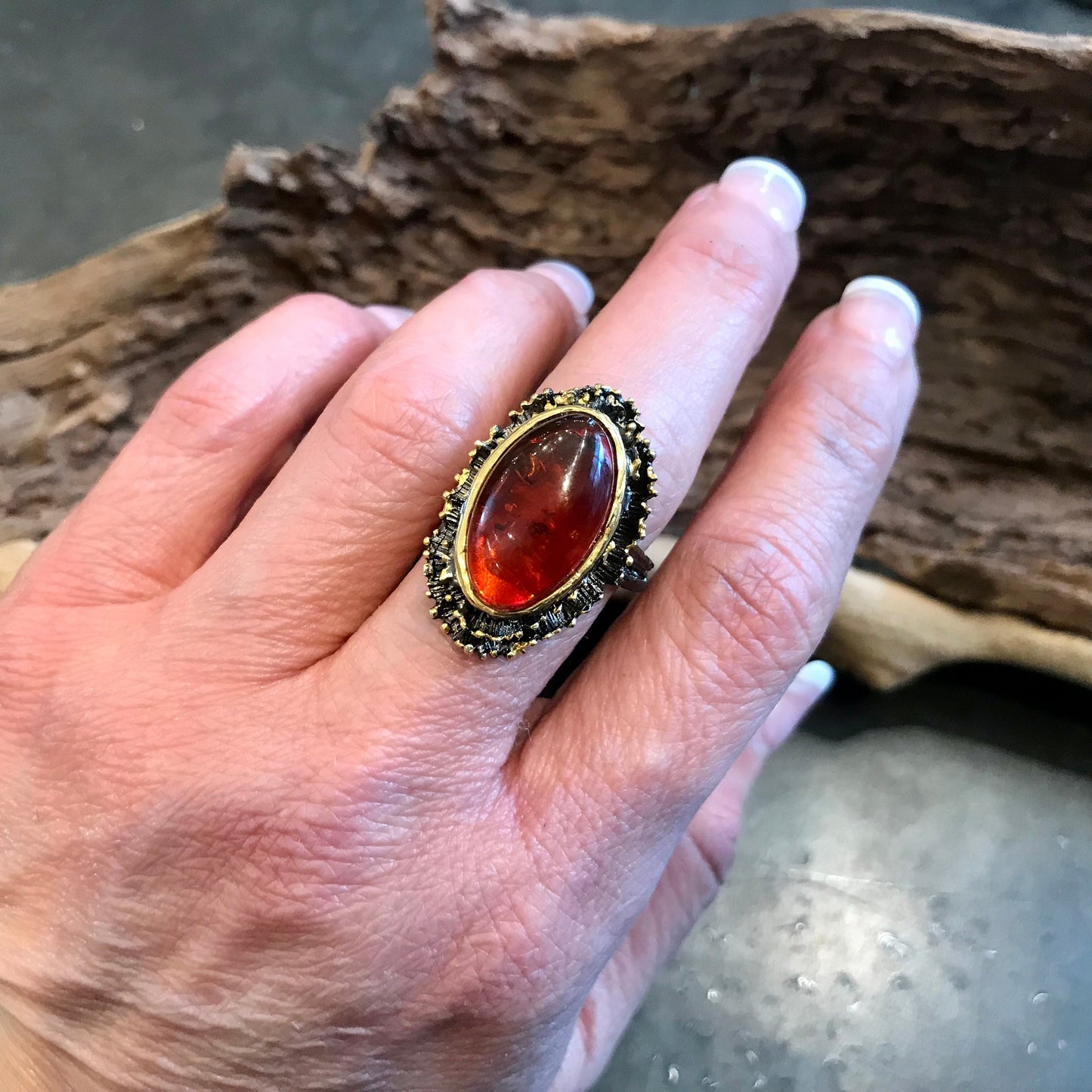 Sterling silver  Natural Amber statement Ring 8.5