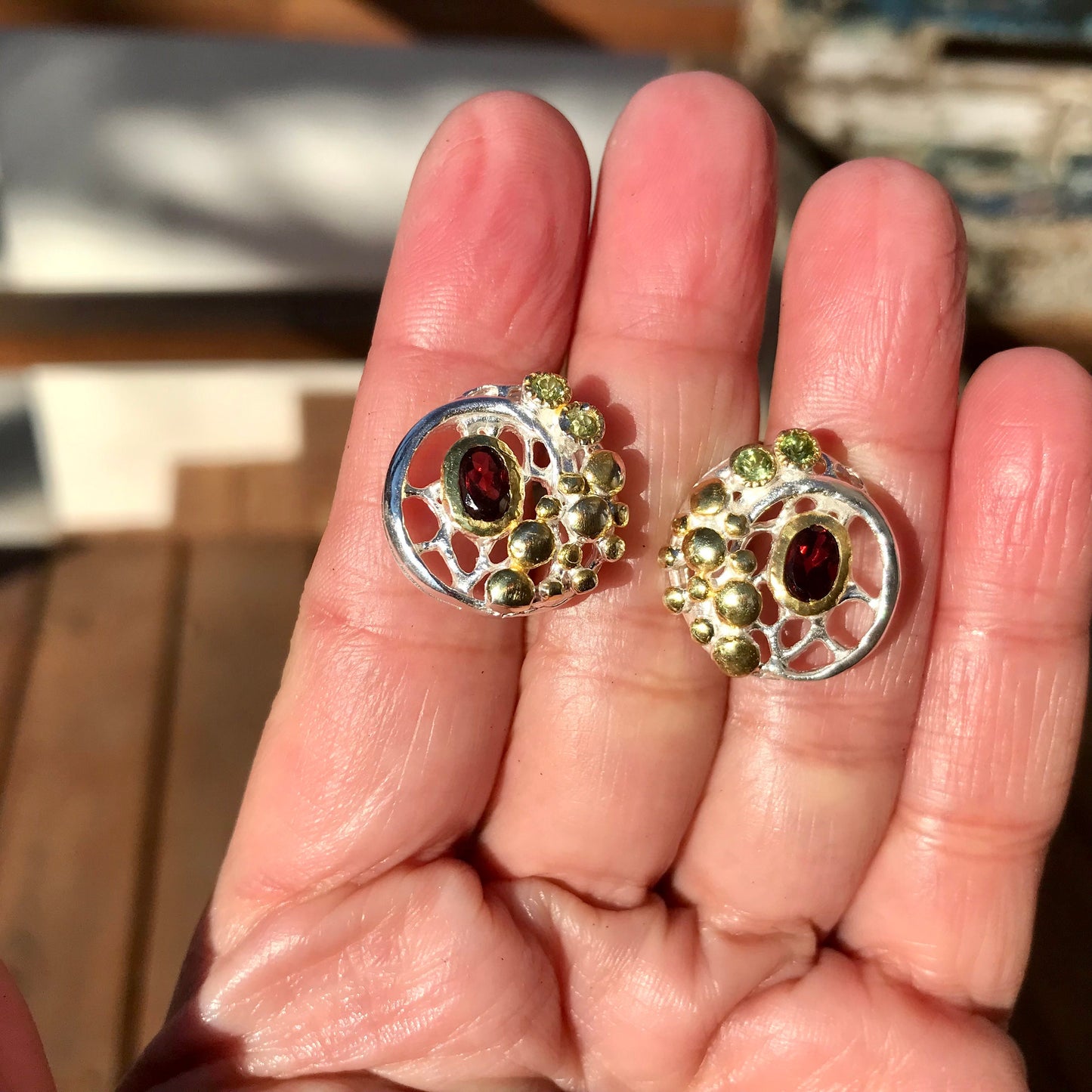 Sterling Silver red garnet peridot stud Earrings