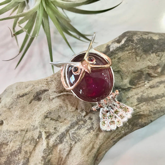 Sterling silver red ruby owl brooch pin