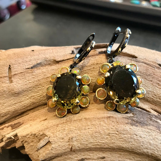 Sterling silver lemon quartz fire opal fancy earrings