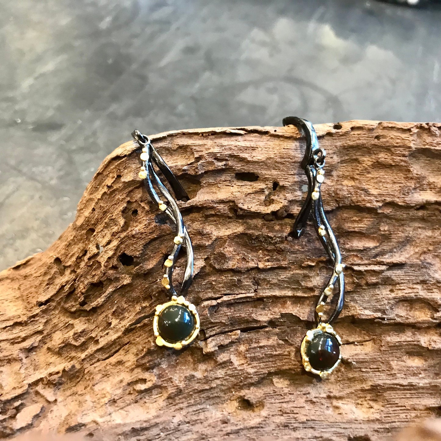 Sterling Silver black opal  modernist dangle earrings