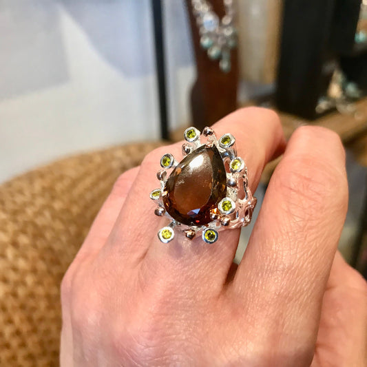 sterling silver cognac quartz  brutalist statement ring 7.5