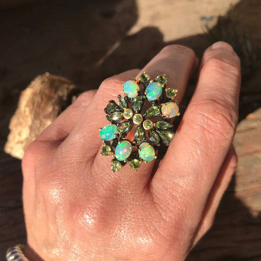 Sterling silver natural fire opal peridot  statement Ring 6