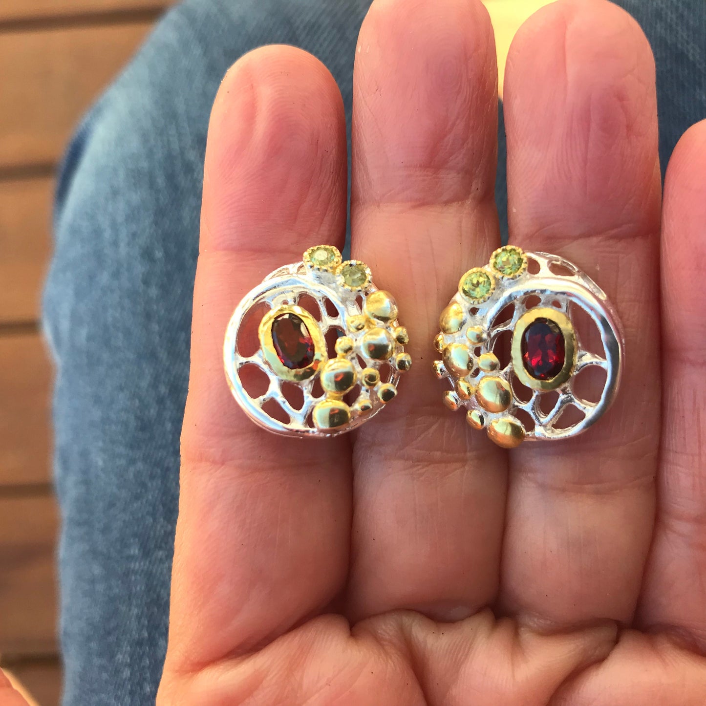 Sterling Silver red garnet peridot stud Earrings