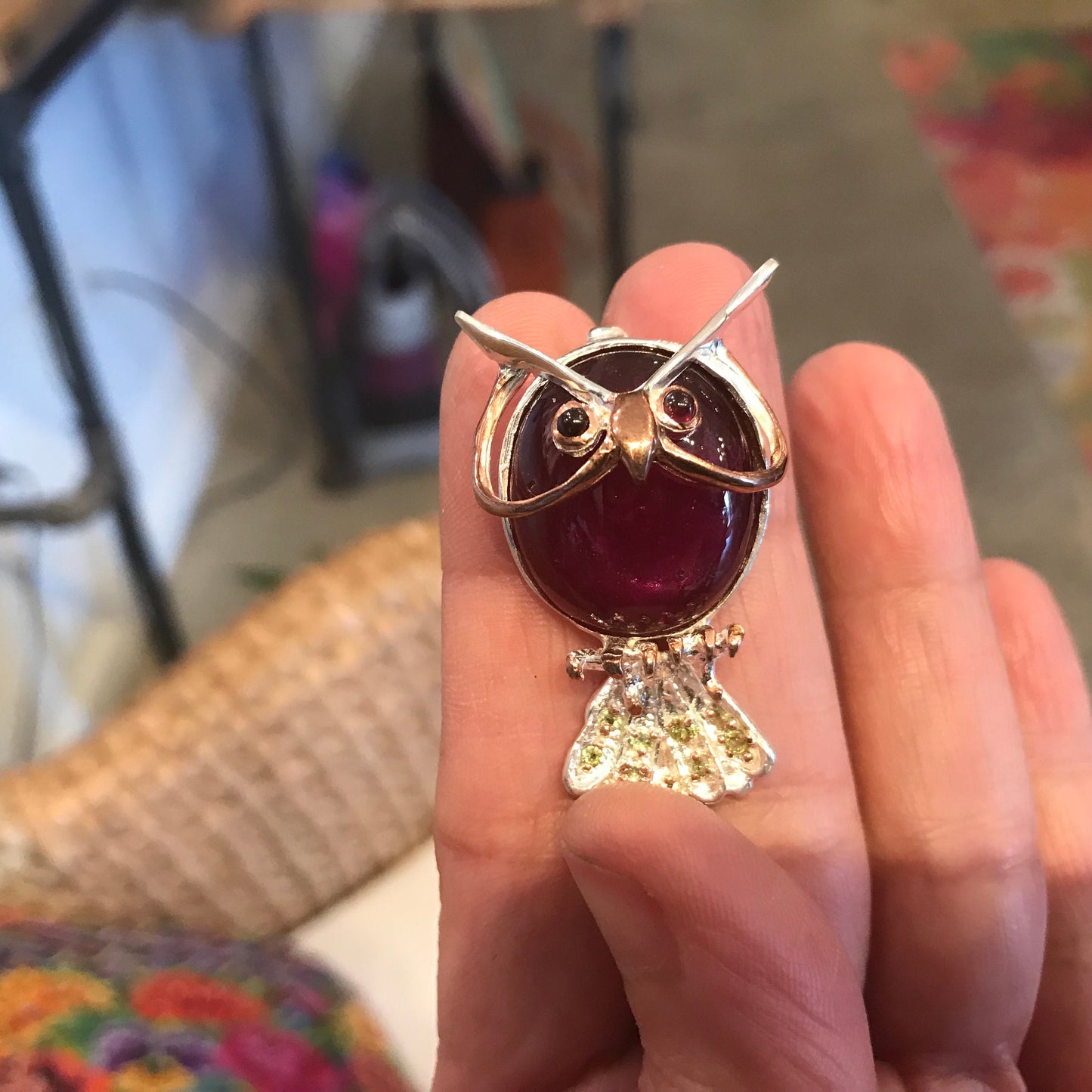 Sterling silver red ruby owl brooch pin