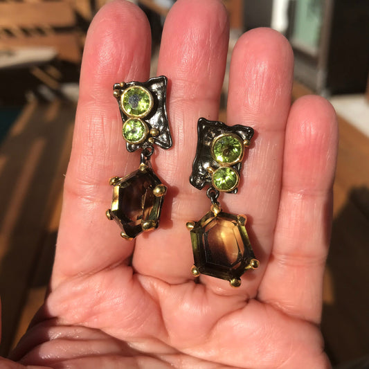Sterling silver lemon quartz asymmetrical Peridot  earrings