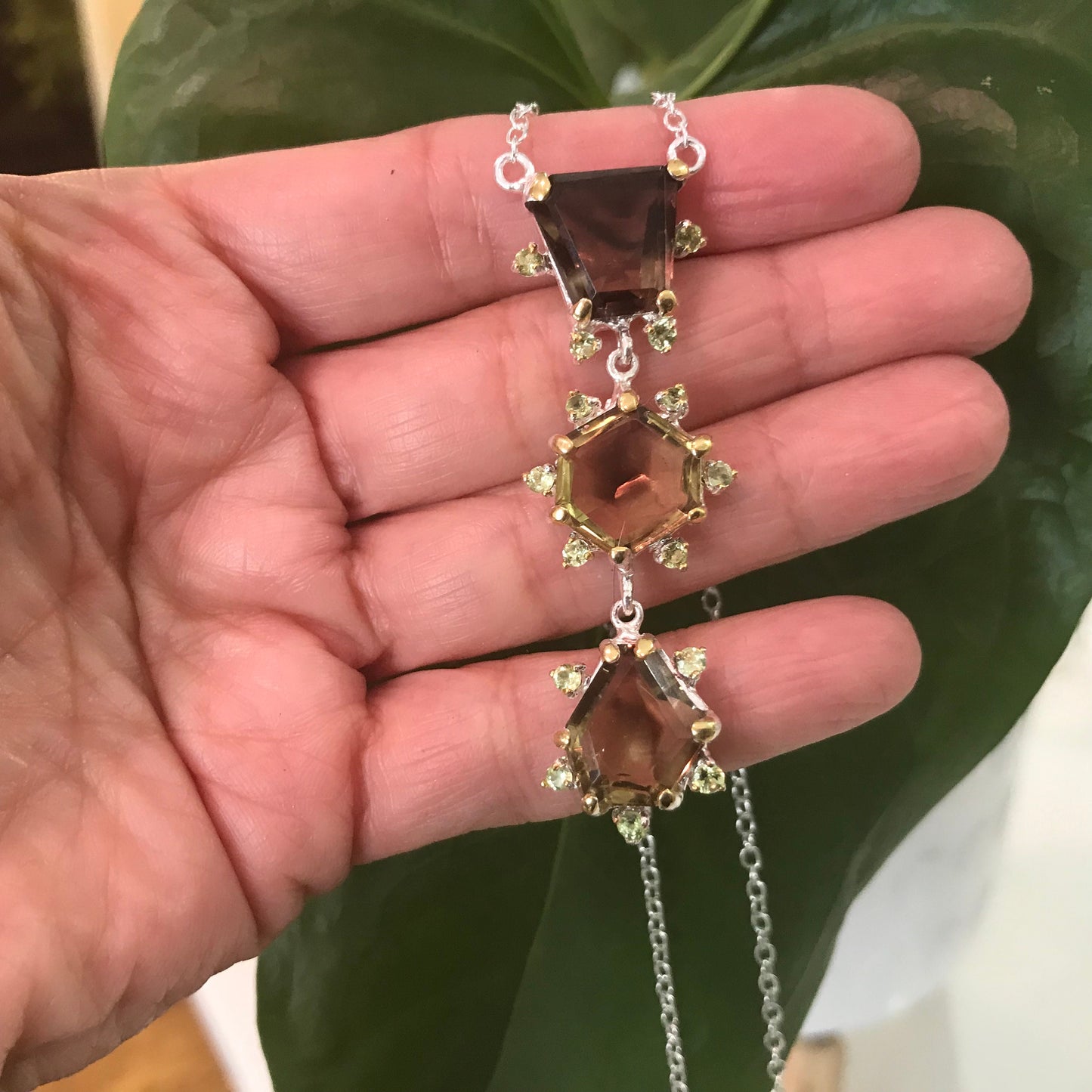 sterling silver Natural Lemon quartz peridot  pendant necklace