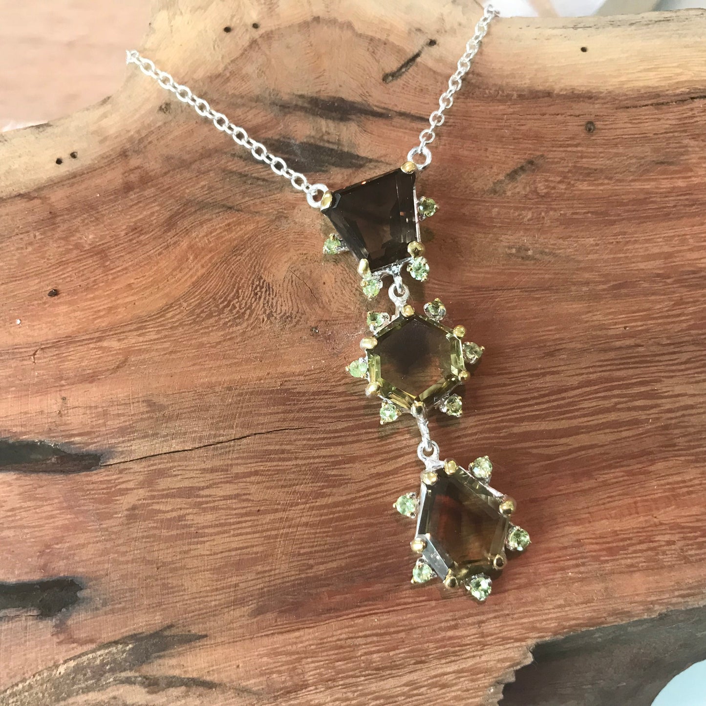 sterling silver Natural Lemon quartz peridot  pendant necklace