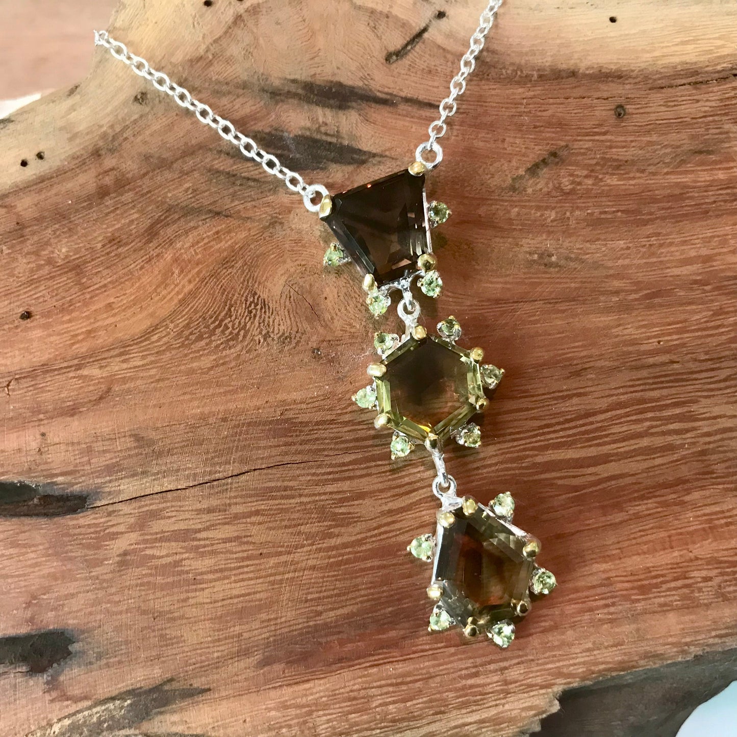 sterling silver Natural Lemon quartz peridot  pendant necklace