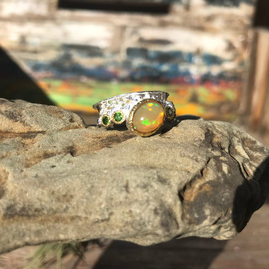 sterling silver Natural opal band ring 6.5