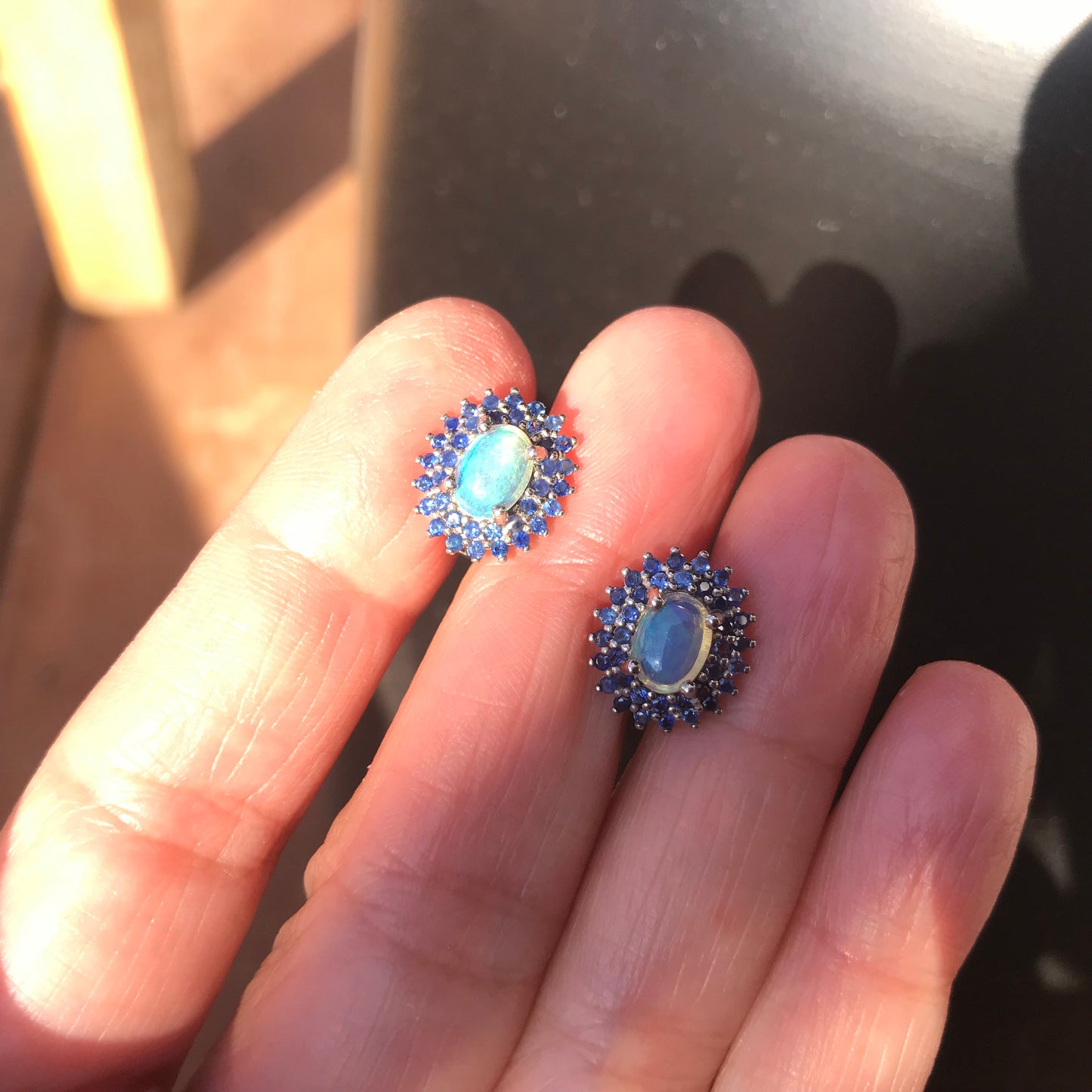 sterling silver  Natural opals Blue sapphire Stud heirloom earrings